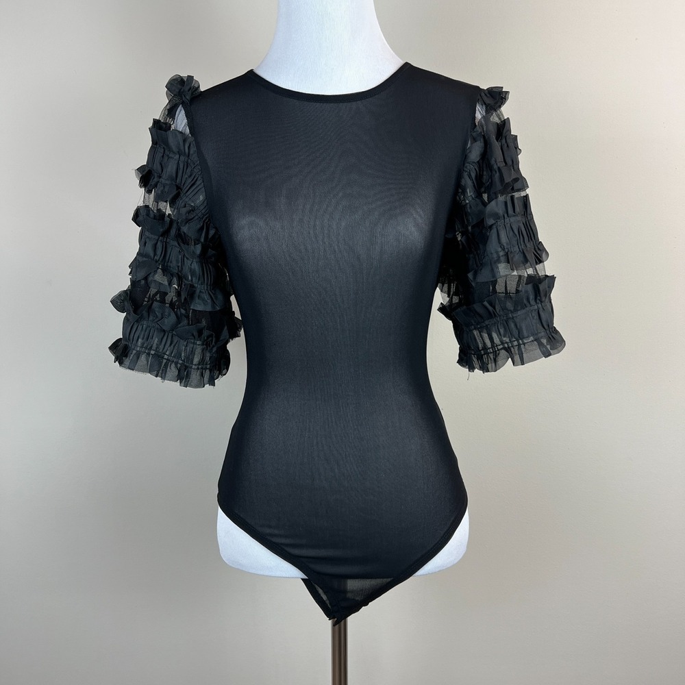 Feminine Coquette Bodysuit Top Womens Small Black Mesh Sheer Jealous Tomato New
